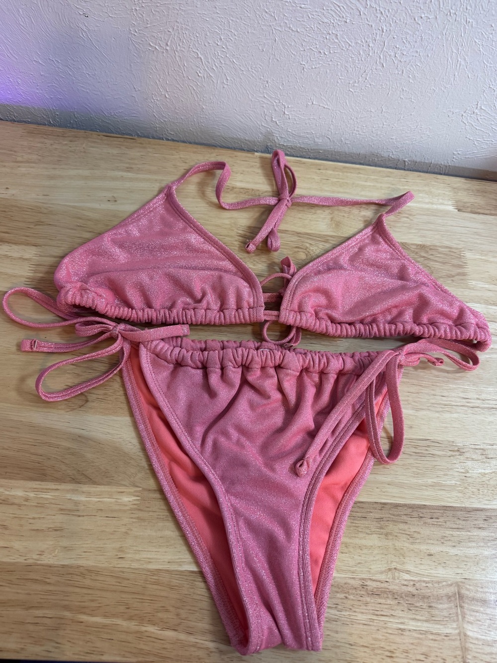 Sparkle Pink Tie String Triangle Bikini